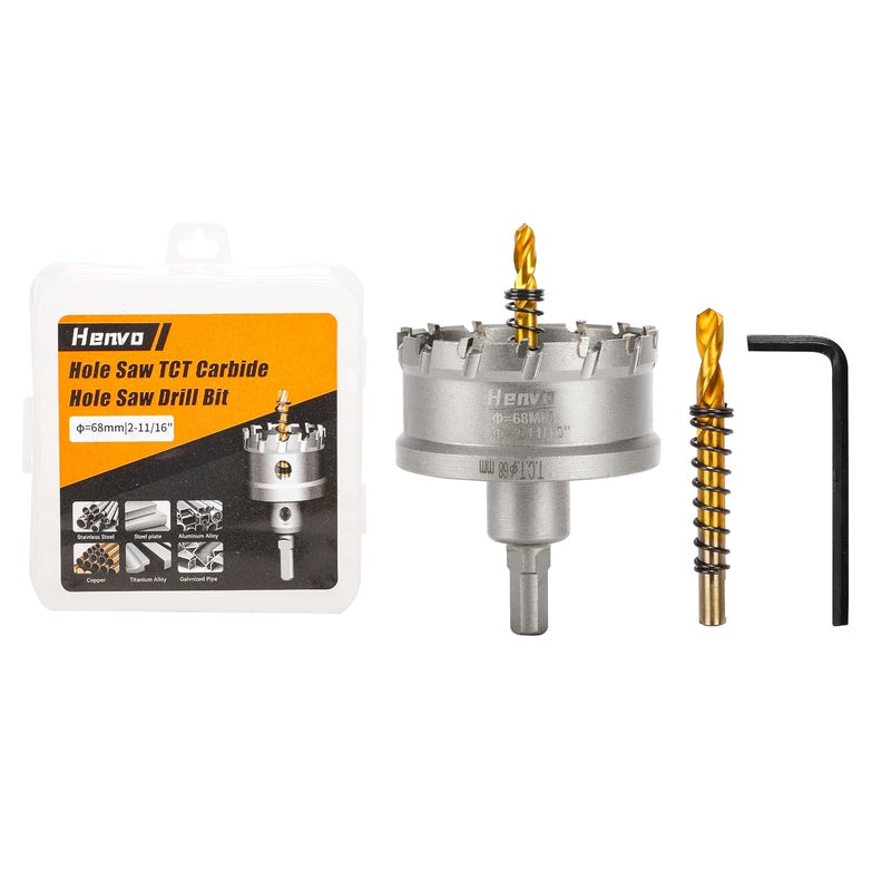 Henvo Hole Saw 2-11/16" (68mm) Heavy Duty Carbide with 2 Pilot Drill Bits - Metal Hole Cutter Cuts Stainless Steel, Iron, Copper, Brass, Plastic - Image 1